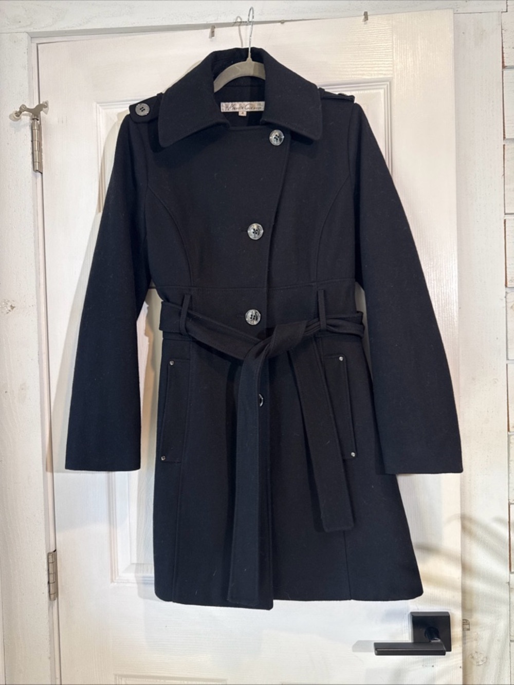 Kenneth Cole Black Belted Wool-Blend Trench Coat